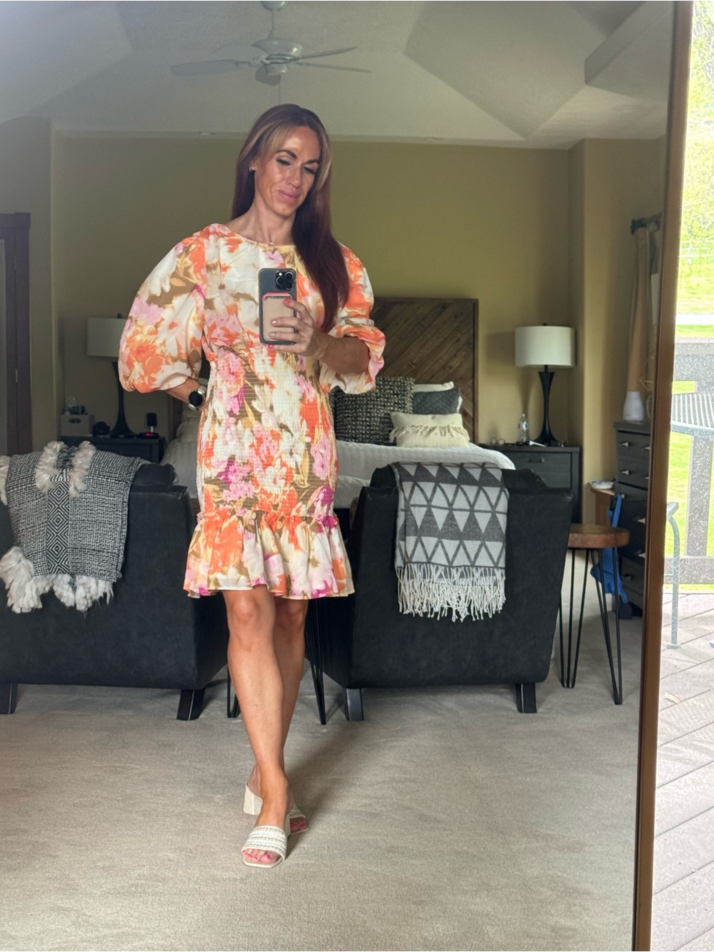 Rachel Pally Watercolor Puff-Sleeve Mini Dress - Pink & Orange